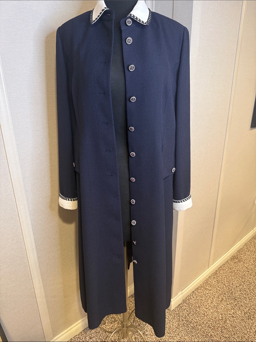 Cellina Yoon Classic Navy & White Ribbon Trim Long Coat with Removable Collar
